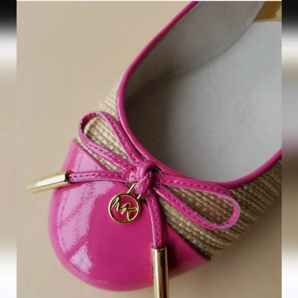 Michael Kors Jordana Pink & Straw Ballet Flats Patent MK Logo Sz 7M